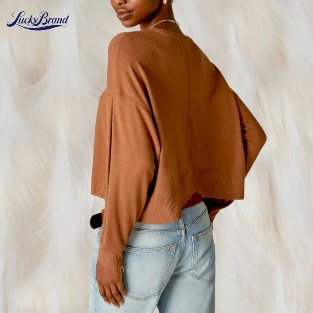 LUCKY BRAND Cloud Jersey Exposed Seam Relaxed Long Sleeve Top-Caramel/Lg/NWT
